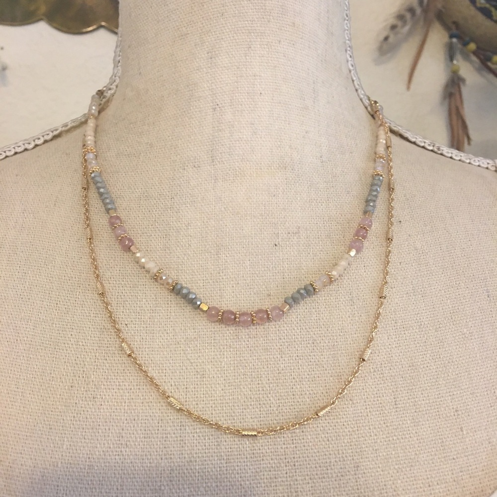 Layered gold chain sparkle bead suede necklace